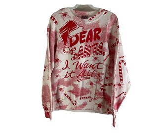 Felpa girocollo natalizia da uomo anni '90, taglia M, con stampa integrale della lista di Babbo Natale, felpa vintage con Babbo Natale, maglione natalizio brutto