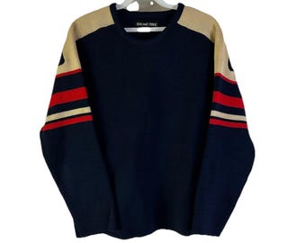 80s Vintage Virgin Wool Color Block Sweater, Mens Medium