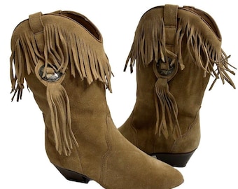 NOS 90s Womens 8.5 Suede Leather Tassel Fringe Cowboy Boots Western, Vintage Cowboy Boots, Womens Western Boots, Suede Leather Boots