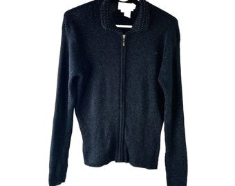 90s Cache Womens Medium Black Metallic Ribbed Knit Embellished Sweater Coat, Vintage Cache Sweater, Womens Metallic Knit Sweater
