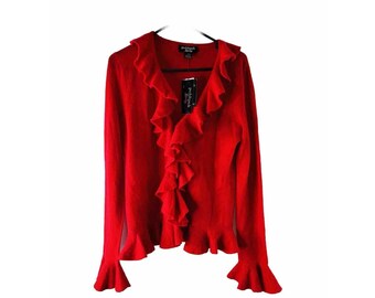 NOS 90s mujeres grande suave cachemira frilly volantes cardigan suéter, suéter de cachemira para mujer, suéter vintage frilly cardigan, suéter de mujer