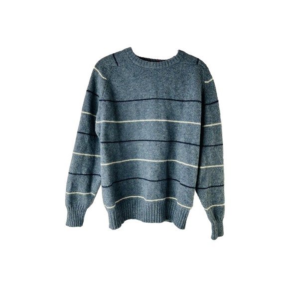 80s Mens Medium Shetland Wool Striped Lightweight Crewneck Sweater