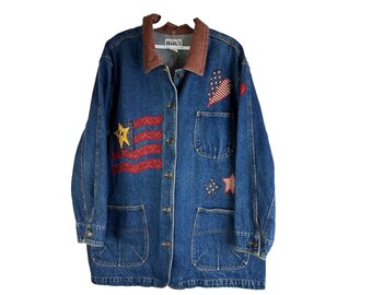 90s Womens XL American Flag Patchwork Denim Jean Barn Chore Coat Jacket, Vintage Chore Coat, Womens Jean Jacket, Patchwork Jean Jacket