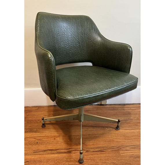 70s MCM Avocado Green Faux Leather Swivel Office Dining Chair Gold