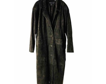 90er Damen Großer Wildleder Trenchcoat mit langen Knöpfen Braun Grunge Punk, Damen Wildlederjacke, Vintage Leder Trenchcoat