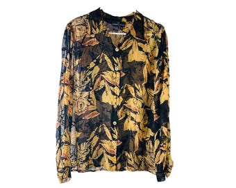 Jaren 90 dames 10 zijde burnout velours doorschijnend bloemenknoopshirt kunstzinnig, zijden damesblouse, vintage burnout veloursblouse, overhemd met bloemenknop