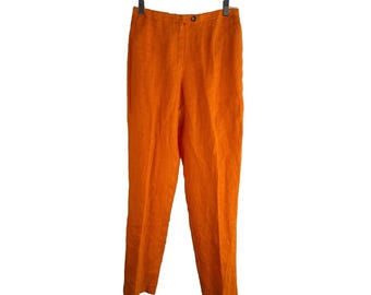 NOS 90年代 レディース 8 リネン フラットフロント トラウザーパンツ オレンジ アーティスティック ラゲンルック、レディース リネン パンツ、ヴィンテージ アーティスティック パンツ、90年代 レディース パンツ