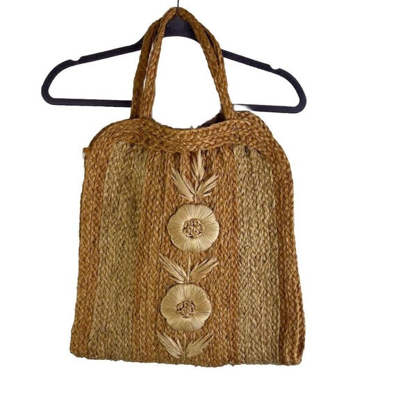 70s Raffia Straw Floral Tote Beach Bag Purse Boho, Vi… - Gem