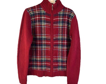 Vintage Eddie Bauer Lambswool Plaid Cardigan Sweater, Womens Medium