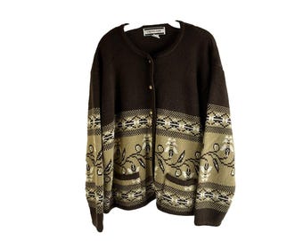 90s Womens XL Filagree Floral Knit Cardigan Sweater Cottagecore Country, Womens Knit Cardigan Sweater, Vintage Cottagecore Sweater, Sweater