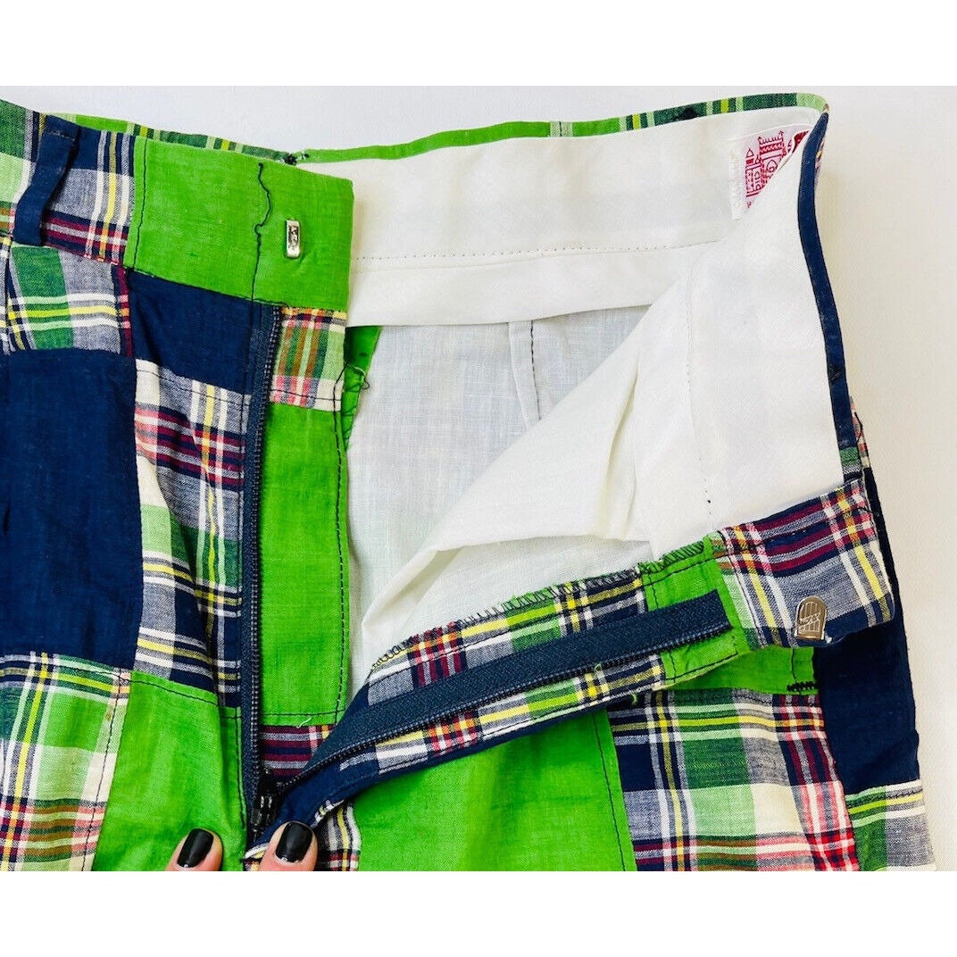 70s Womens XS India Madras Plaid Patchwork High Rise Pants, India