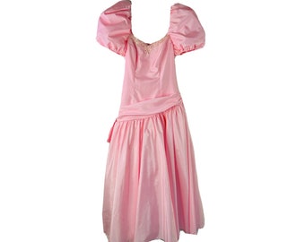 80s Women's Small Pink Embellished Tafetta Puff Sleeve Prom Dress Barbiecore, 1980s Prom Dress, Vintage Puff Sleeve Dress, Tafetta Dress