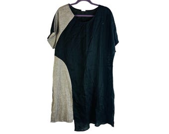 90s Womens XL Linen Color Block Shirt Dress Flowy Lagenlook Artsy, Womens Linen Dress, Vintage Lagenlook Dress, Flowy Dress