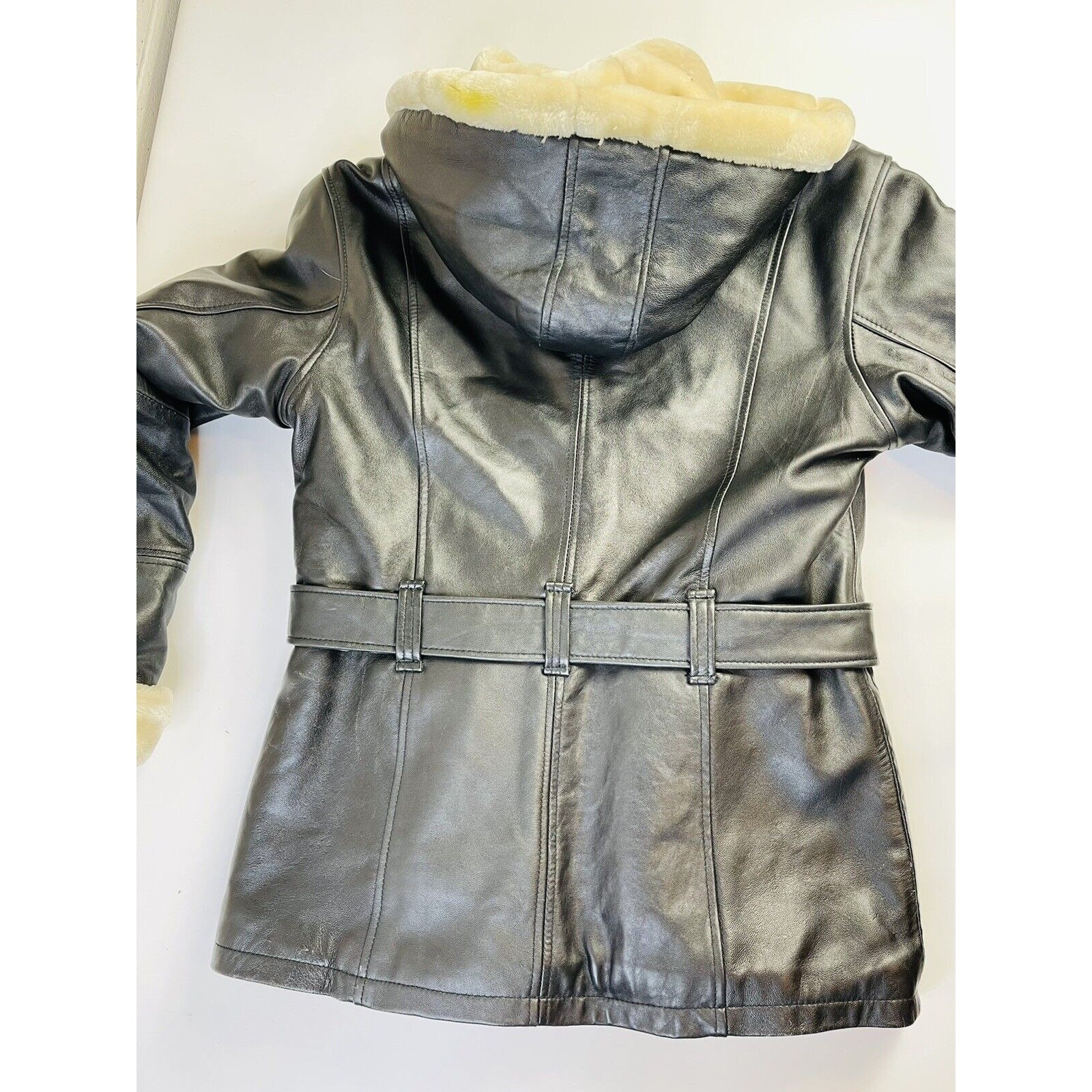 Y2K Womens Small Faux Fur Shag Hood Leather Flight Bomber Flight 