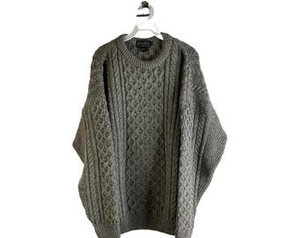 90s Mens XL Wool Cable Knit Fisherman Crewneck Sweater Gray Preppy, Mens Knit Sweater, Vintage Wool Fisherman Sweater, Cable Knit Sweater