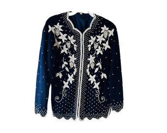 Pull cardigan fleuri agrémenté de laine moyenne pour femmes des années 70, fée, pull cardigan embelli pour femme, pull fée vintage, laine
