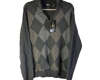 Suéter vintage de cachemira estilo rockabilly de los 90 con cremallera de un cuarto y estampado de rombos, talla grande para hombre, suéter de cachemira para hombre, suéter vintage de rombos, estilo rockabilly.