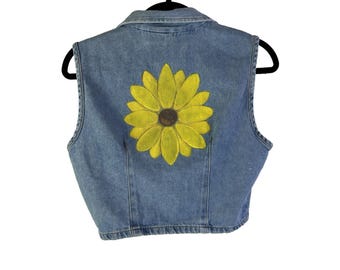 Colete jeans floral pintado à mão, jaqueta jeans cropped, streetwear dos anos 90