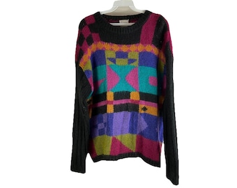 80s Womens Medium Mohair Rainbow Abstract Knit Sweater Streetwear, Womens Knit Sweater, Vintage Mohair Sweater, Rainbow Sweater