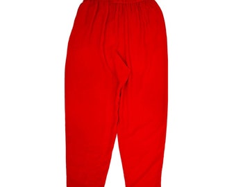 80er Jahre Damen Seide Geraffte Elastische Taille Pull On Hose Rot, hauchzarte Damen Seidenhose, Vintage Pull on Hose, Faltenhose Hose