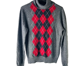 Suéter de los 90 para mujer, talla XL, suave, de cachemira, con cuello alto y estampado de rombos, tejido de lujo. Suéter de cachemira para mujer, suéter vintage con estampado de rombos, suéter estilo academia.