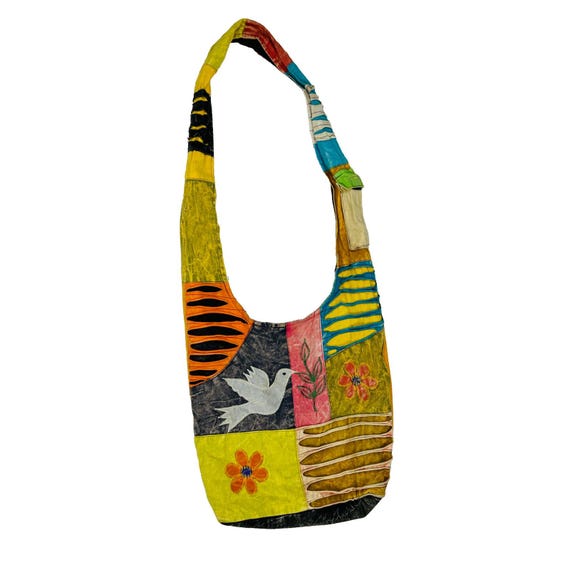 90s Hippy Boho Rainbow Patchwork Shoulder Bag Tot… - image 1