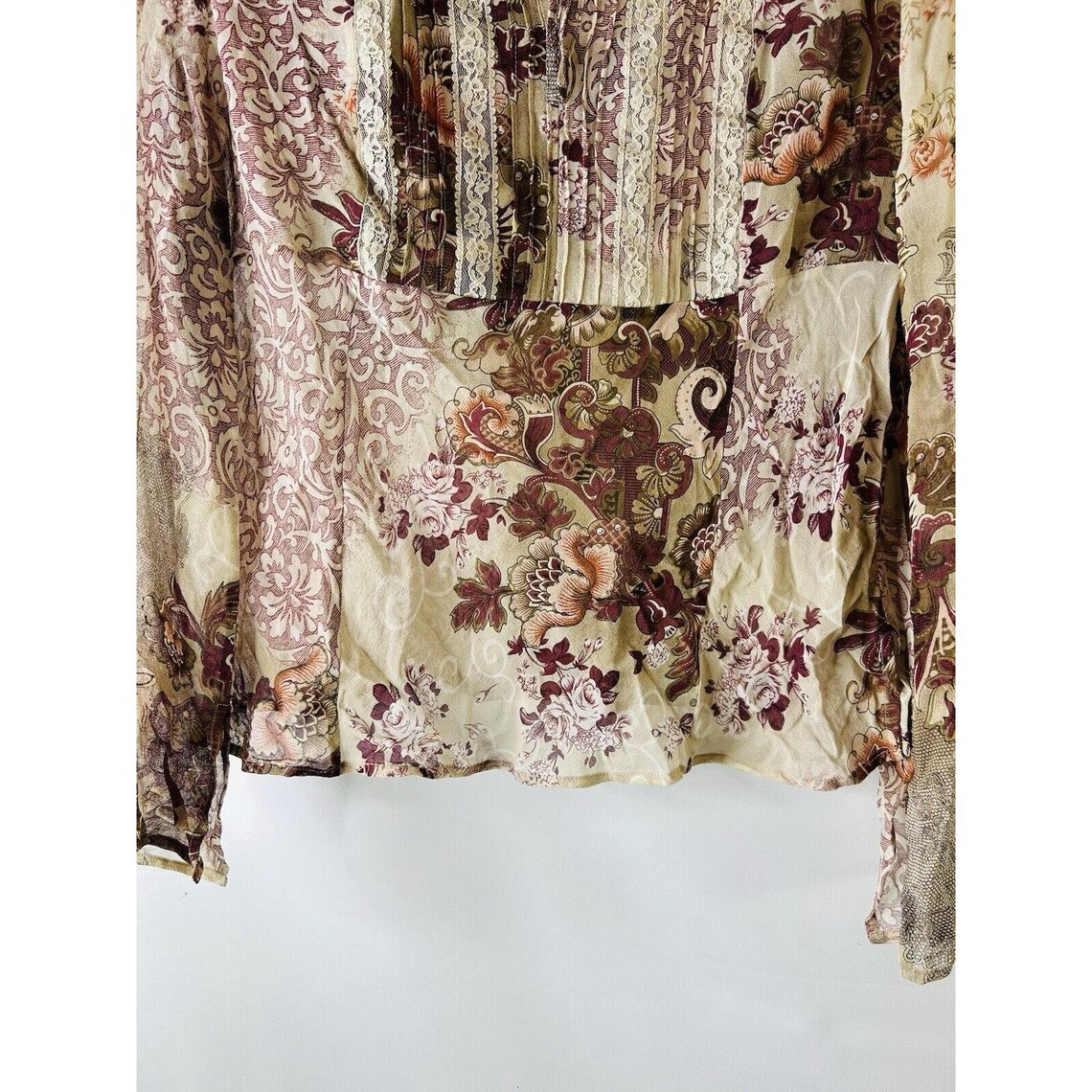Y2K Womens Small Silk Patchwork Floral Sheer Blouse Shirt Fairy Earthy, Womens Silk Blouse, Vintage Patchwork Blouse, Fairy Blouse, foto 3 di 5