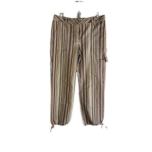 May include: Multi-colored striped pants with a drawstring hem. The pants feature vertical stripes in shades of brown, beige, and burgundy. They have a button and zipper closure, and a small pocket on the side.
