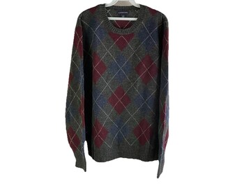 Suéter grande de lana de cordero con rombos arcoíris de Lands End para hombre, años 90, estilo grunge prep, suéter Lands End para hombre, suéter de punto para hombre, suéter vintage con rombos