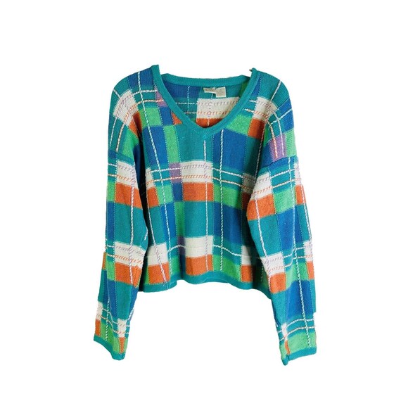 90s Womens Medium Rainbow Patchwork Plaid Cropped… - image 1