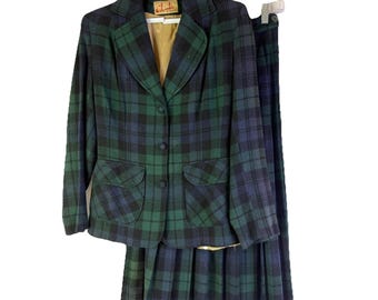 Conjunto feminino estilo anos 50, blazer xadrez de lã e saia plissada, tamanho XS. Conjunto xadrez feminino, conjunto vintage de saia e blazer de lã.