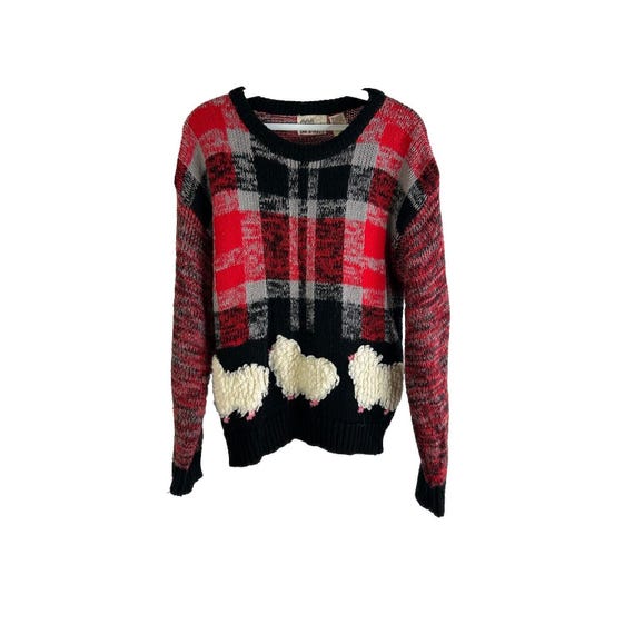 80s Womens Medium Plaid Knit Sheep Textured Sweater Novelty Whimsical, Womens Knit Sweater, Vintage Farm Sweater, Plaid Knit Sweater