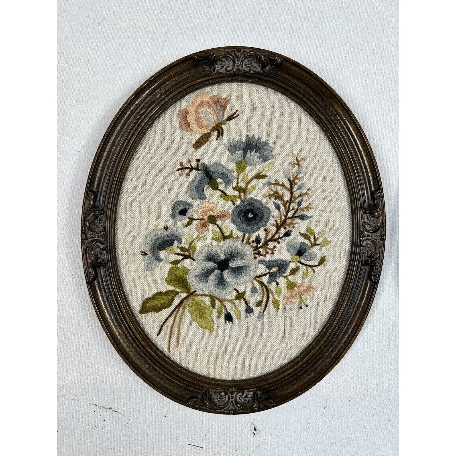 70s Handmade Country Floral Butterfly Crewel Yarn Art Wall Plaques Pair