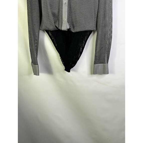 80s Womens Medium Button Front Mesh Bodysuit Rave… - image 2