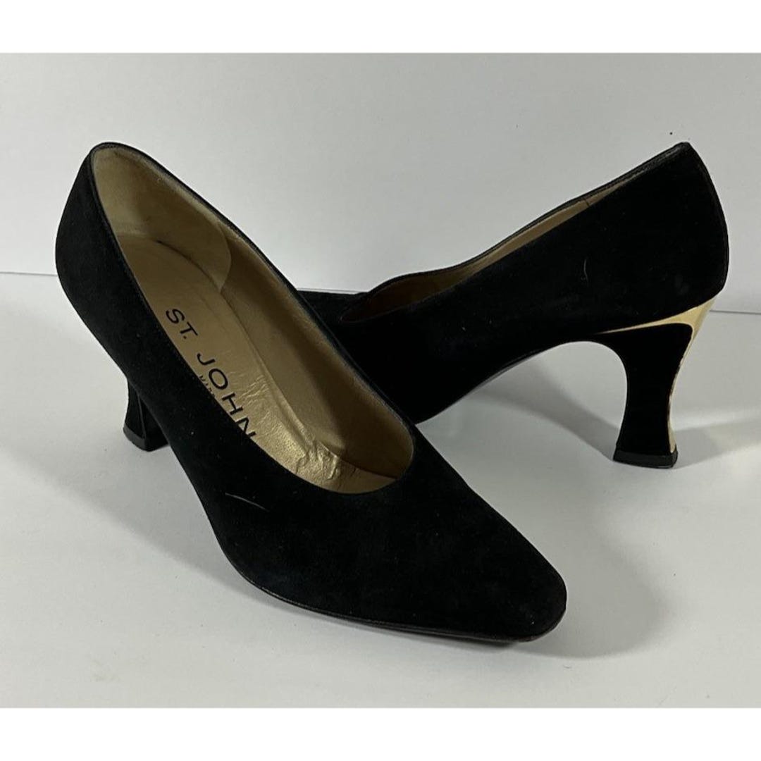 90s John Marie Gray Black Suede Leather Gold Pumps Heels