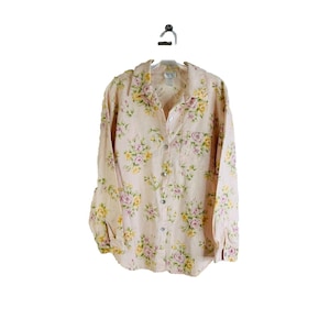 90s Womens Medium Linen Country Floral Button Shirt Romantic Cottagecore, Womens Floral Button Shirt, Vintage Linen Blouse, Cottagecore Top