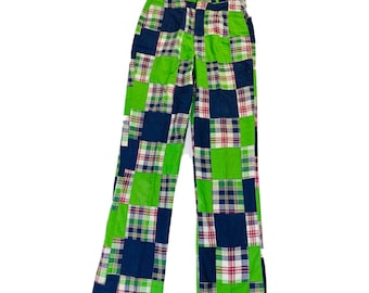 70s Womens XS India Madras Plaid Patchwork High Rise Pants, India