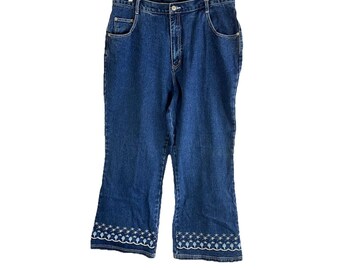 Y2K Womens 20 W Embroidered Floral Baggy Flared Jeans Skater Grunge, Womens Embroidered Jeans, Vintage Baggy Jeans, Flared Jeans