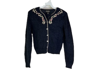 90s Womens Small Wool Blend Floral Embroidered Crop Cardigan Sweater, Womens Knit Sweater, Vintage Cropped Cardigan Sweater, Gruge Sweater