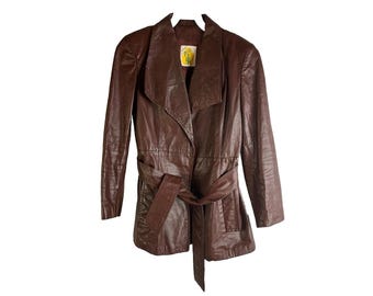 70s Womens Small Brown Genuine Leather Distressed Belted Jacket Western, Womens Leather Jacket, 1970s Leather Jacket, Western Jacket