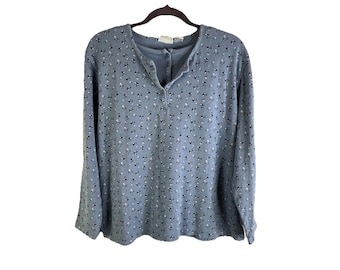 Camisa térmica con capas tipo henley y microfloral de los años 90 para mujer, talla XL, camisa térmica vintage con microfloral, camisa de punto tipo gofre para mujer, grunge