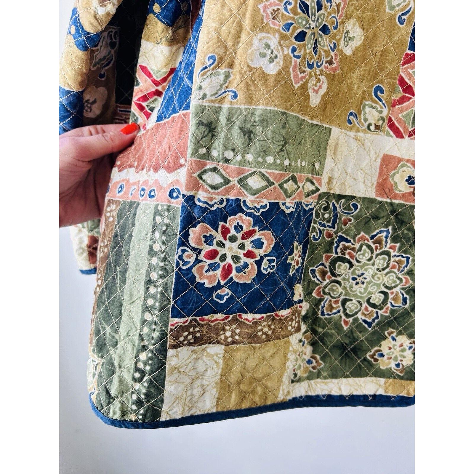 90s Womens 2XL Silk Patchwork Floral Quilt Coat Quilted