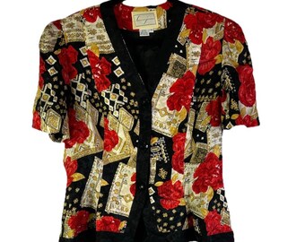 80s Rockabilly Silk Button Shirt Top Womens 16 Puff Sleeve Floral, Womens Silk Blouse, Vintage Puff Sleeve Shirt, Rockabilly Shirt