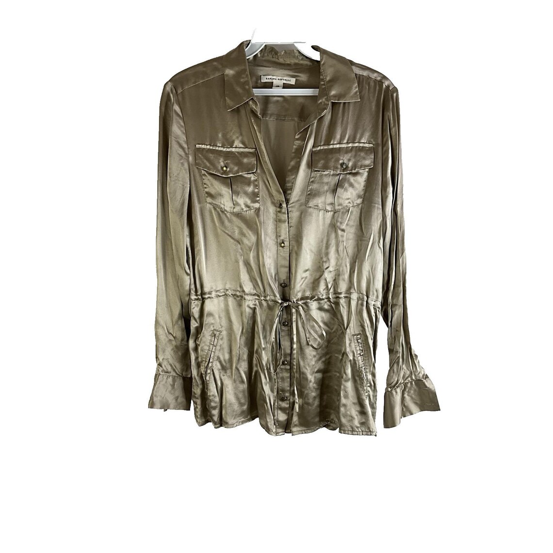 Y2K Banana Republic Womens XS Silk Satin Button Shirt, Banana Republic Womens Button Shirt, Vintage Silk Satin Blouse, Military Shirt, photo 1 of 5