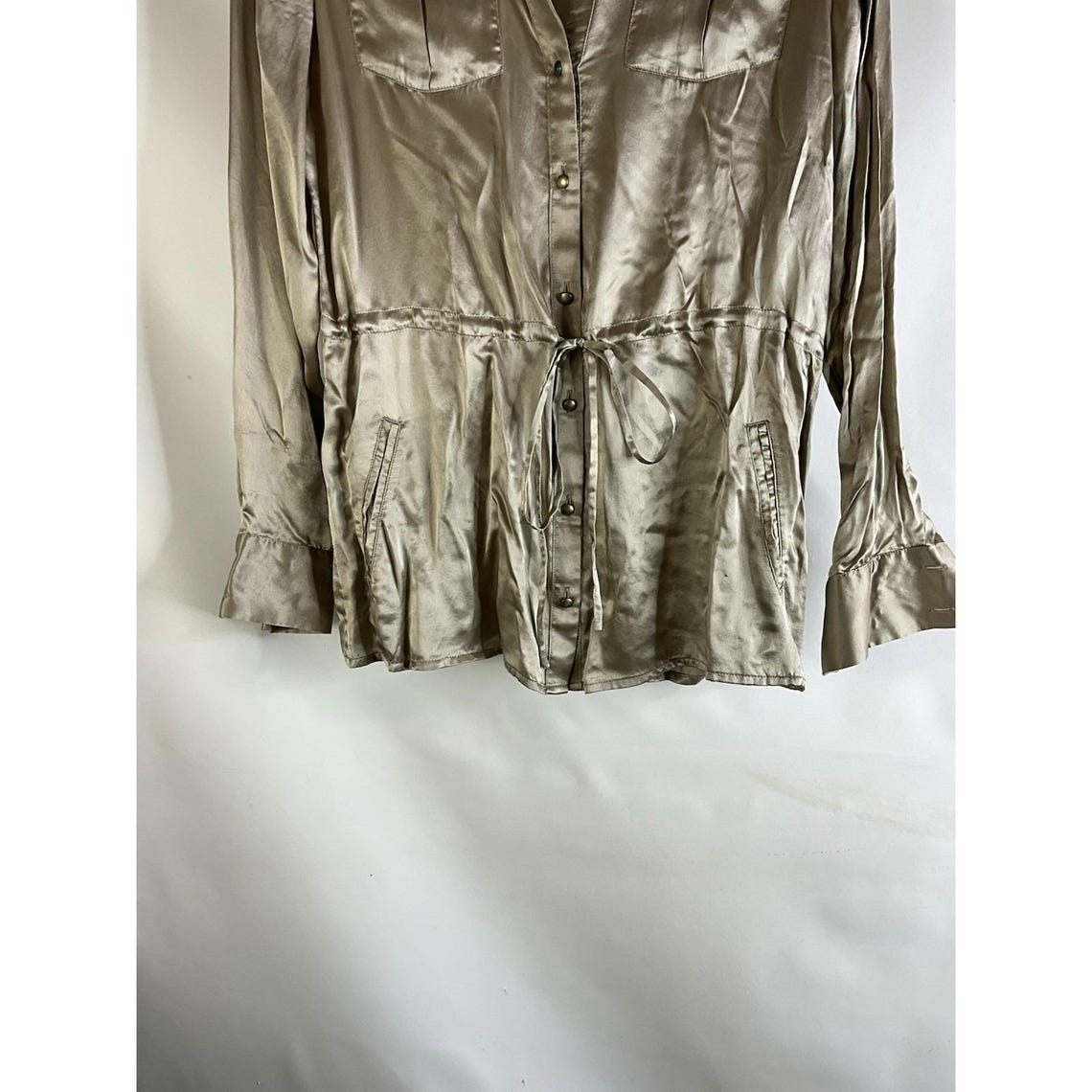 Y2K Banana Republic Womens XS Silk Satin Button Shirt, Banana Republic Womens Button Shirt, Vintage Silk Satin Blouse, Military Shirt, photo 2 of 5