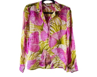 Blusa con botones de mariposa de satén de seda de Tommy Bahama de los años 90 para mujer, camisa con botones de Tommy Bahama para mujer, blusa de seda vintage, blusa de hadas