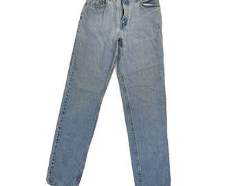 May include: A pair of light blue denim jeans with a straight leg fit.