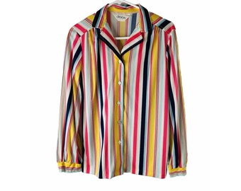 70s Womens Medium Rainbow Strip Button Front Shirt Blouse Disco Trippy USA, Womens Disco Blouse, 1970s Womens Button Shirt, Womens Shirt