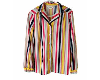 70s Womens Medium Rainbow Strip Button Front Shirt Blouse Disco Trippy USA, Womens Disco Blouse, 1970s Womens Button Shirt, Womens Shirt