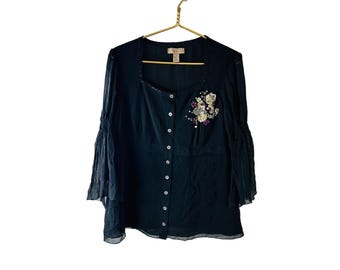 Y2K Womens Large Silk Floral Embellished Baby Doll Blouse Shirt Goth, Womens Silk Blouse, Vintage Baby Doll Blouse, Y2K Whimsigoth Blouse